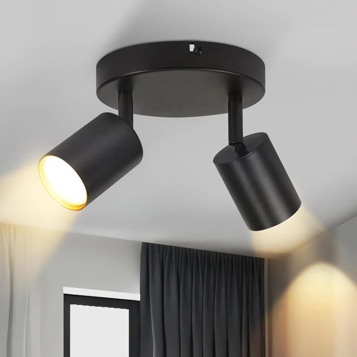 Homefire Spot de plafond LED Plafonnier à 2 lampes noir GU10 330° orientables ronds modernes