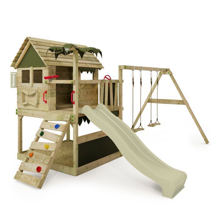 Tour de jeux bois FATMOOSE TikaTaka Town XXL avec toboggan 220 cm vert sauge et bac à sable intégré – 10 ans de garantie*