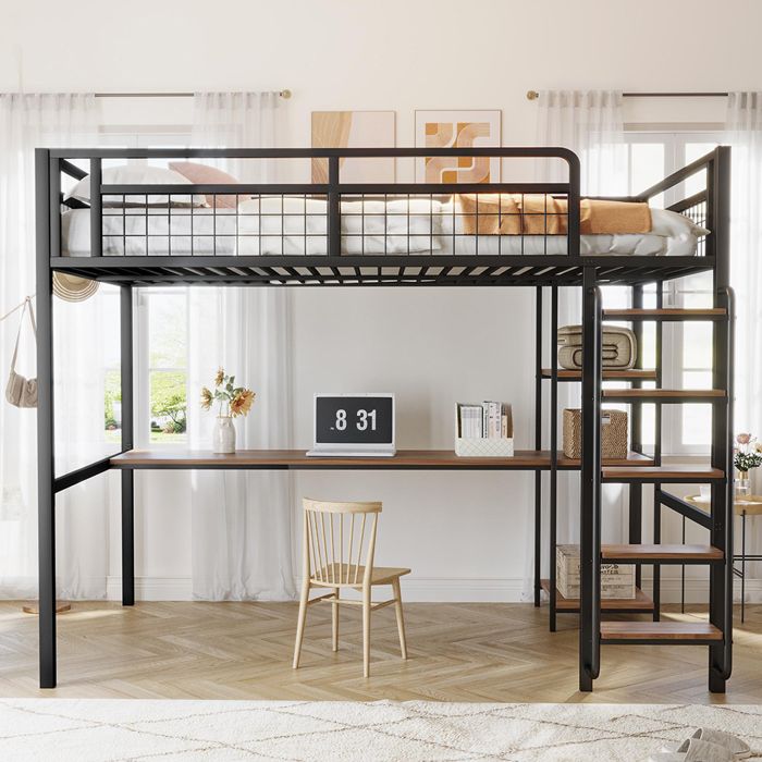 Lit mezzanine métal 140x200 cm avec marches lit denfant avec table et étagère - SWEIKO - Noir