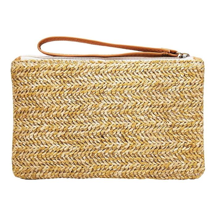 Sac Tissé Beige Bohème + Pochette Kaki – Lot 2 Sacs Plage Été Femme, Style Chic Nature, Fermeture Éclair, Idéal Vacances Et Quotidien
