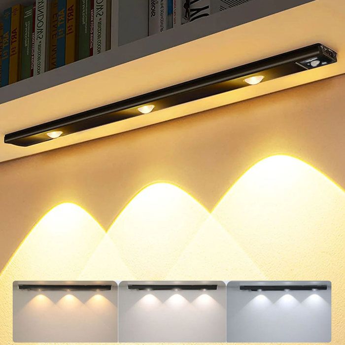 Lampe de Placard Rechargeable 40cm - 3 Tons (3000K/4500K/6500K) & Dimmable 10%-100% - Détecteur Mouvement - Aluminium Magnétique
