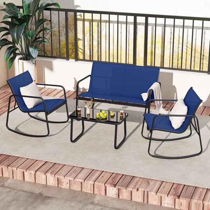 COSTWAY Ensemble 4 PCS Table et Chaises de Jardin Table en Verre 2 Chaises à Bascule et Causeuse pour Balcon Patio Piscine Bleu