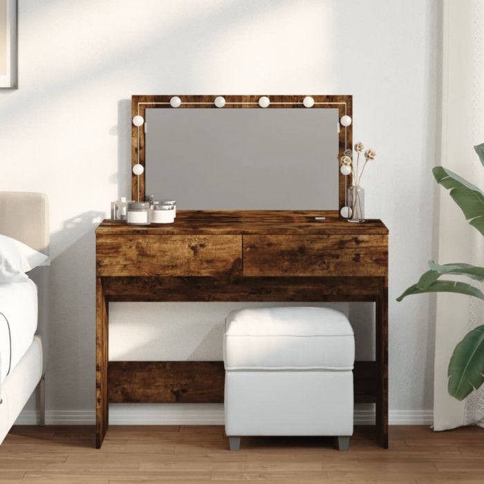 Coiffeuse - Chêne fumé - 100x40x120 cm - 2 tiroirs - Miroir avec LED