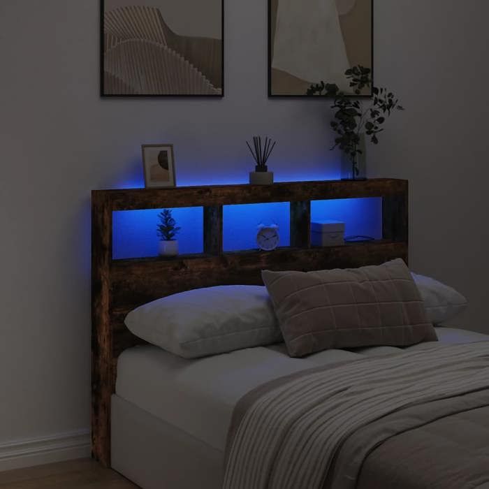 Armoire tête de lit avec LED - WIENS - Chêne fumé - 140x17x102 cm - LED RVB - Grand espace de rangement