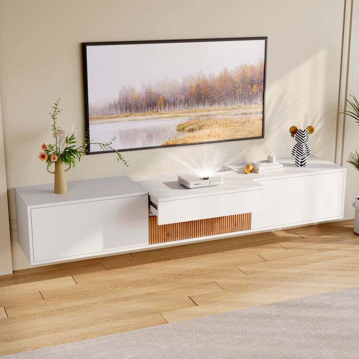Meuble TV moderne avec étagères rétractables intégrées pour accueillir un projecteur doté de multiples compartiments de rangement