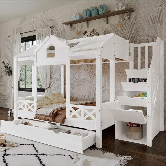 Lit superposé enfant 90/140x200 cm avec tiroirs à roulettes escalier de rangement toit bois blanc