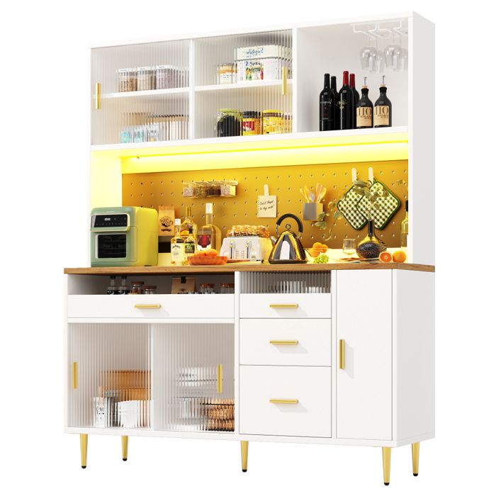 Buffet haut - 145x39x171 cm avec éclairage LED contrôlé par application porte coulissante en verre MDF blanc