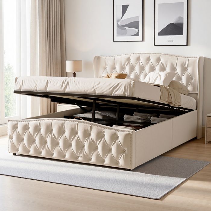Lit coffre Lit rembourré avec levier hydraulique rangement Lit adulte 140x200 cm Structure de Lit 140 x 200 cm Lattes en Bois Beige