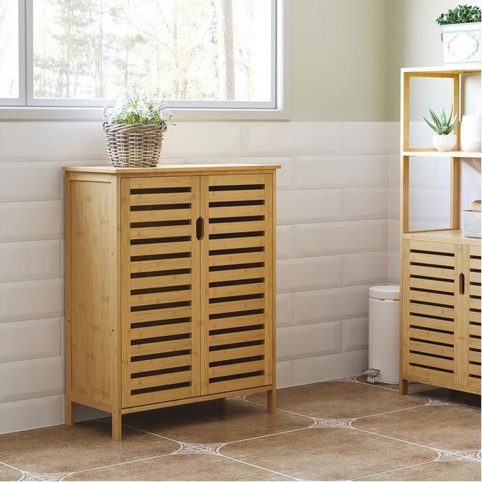 Meuble de salle de bain meuble dappoint avec 2 portes à lattes 2 étagères intérieures meuble de rangement en bambou 68x32x86 cm