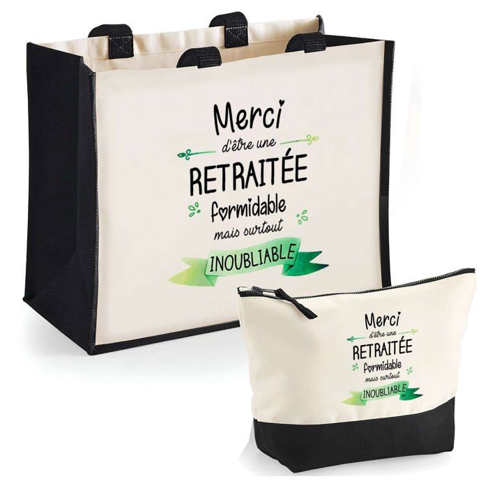 Duo cabas jute et trousse Merci Retraitée Inoubliable Femme Cadeau Anniversaire Noël Sac de courses Pochette Maquillage Shopping