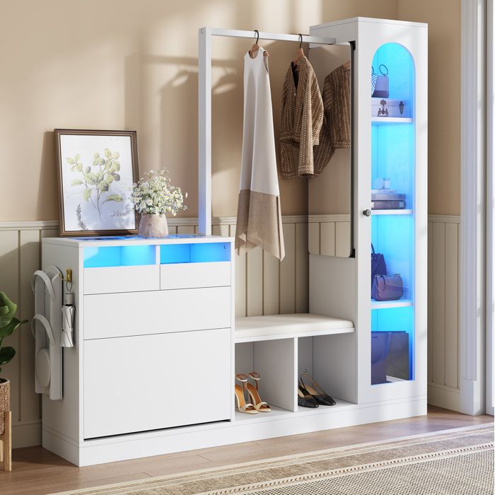 Meuble d’entrée multifonction 6 en 1 EVRYAE 163 x 38 x 161 cm avec LED miroir pivotant vitrine et banc blanc
