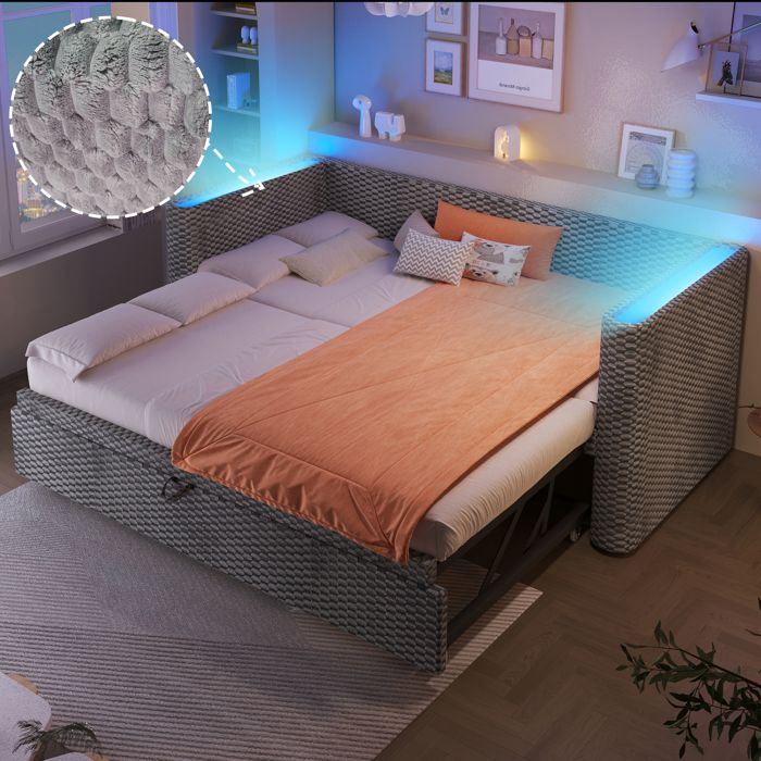 Lit de jour 90/180x200 cm canapé-lit extensible LED sommier à lattes velours gris sans matelas