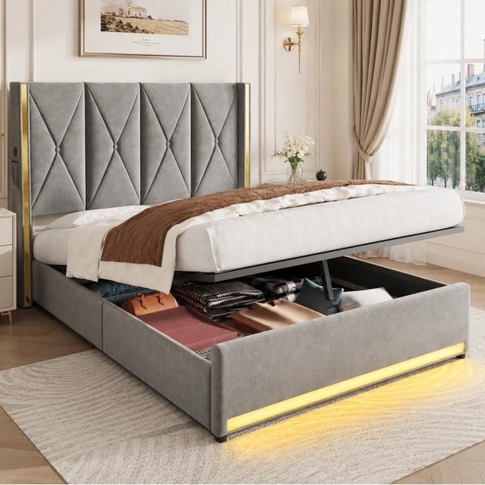 Lit - PAGE Living - 160x200 cm - Tête haute matelassée velours - Rangement hydraulique LED USB-C