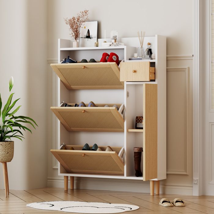 MEULVA Meuble à chaussures étroit 90 x 17 x 125 cm avec 3 abattants 1 tiroir MDF blanc et naturel