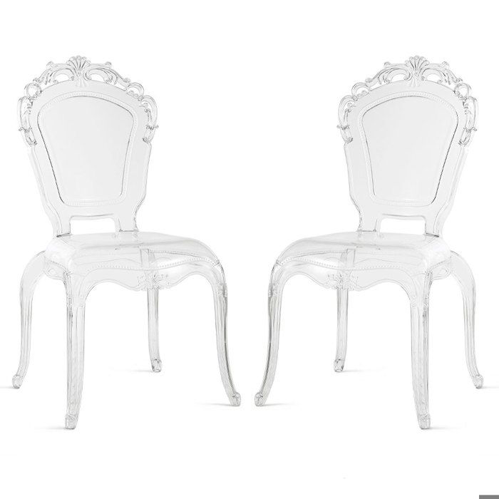 Lot de 2 chaises en polycarbonate transparent design baroque revisité idéales pour espaces élégants – Maya/Transparent