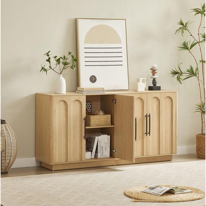 Buffet bas 4 portes sideboard soft-close avec anti-basculement aspect chêne clair MDF 160 x 40 x 80 cm Grjofek