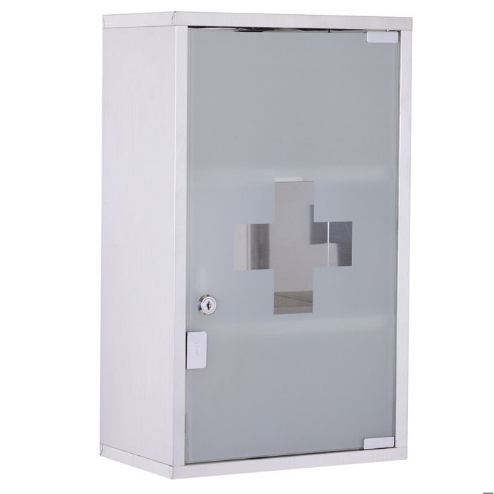 Armoire à pharmacie murale en acier avec porte en verre de sécurité fermable à clé gris 50 cm