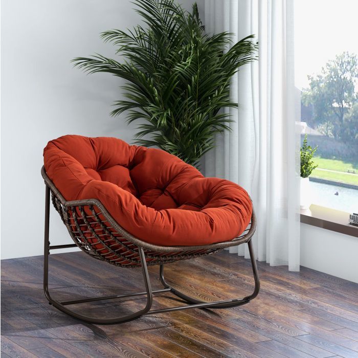 Fauteuil à Bascule de Jardin 1 Place avec Coussin Rembourré - Rotin Synthétique Acier Orange 106×90×78 cm