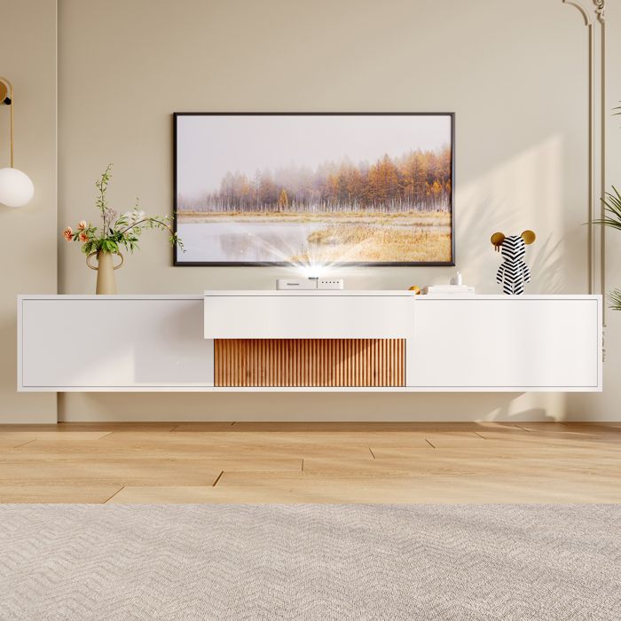Meuble TV - ZEVKOR - Mural - Plateau coulissant pour projecteur - 180x34x30 cm - Blanc décor bois