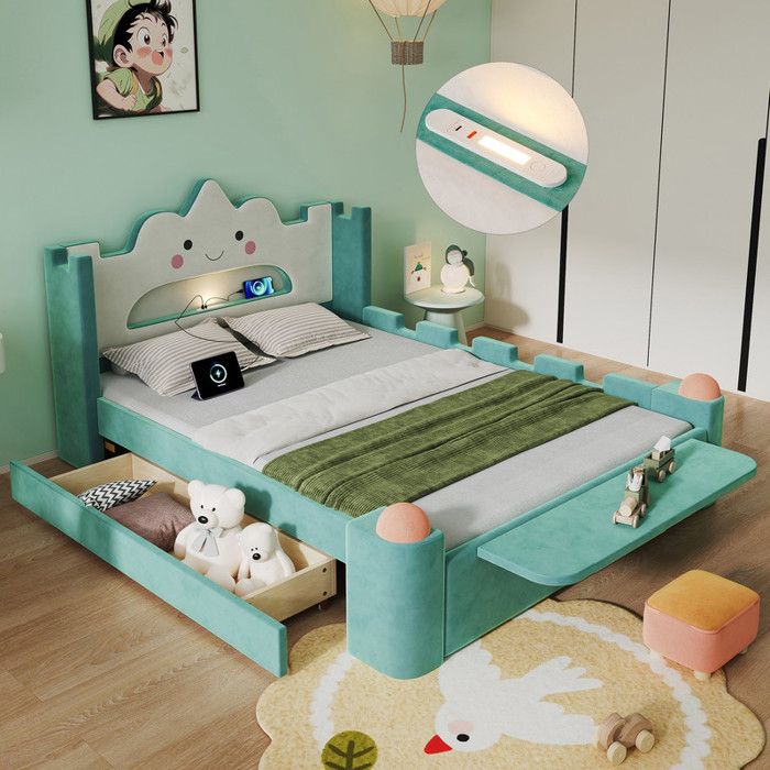 Lit coffre 140x200 cm enfant velours vert tête de lit nuage avec lampe LED et port USB tiroir de rangement et tablette latérale