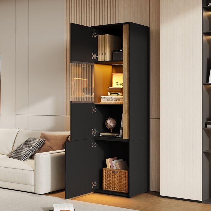Vitrine LED- meubles de rangement-armoire haute -2 portes- Convient pour les salons-les bureaux et les cuisines-Noir + naturel