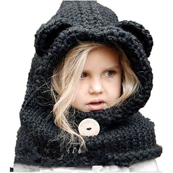 Bonnet Echarpe Cape Hiver Cagoule Ours Unisexe Bebe Enfant Garcon Fille Mignon Kawaii Chaud Tricote Laine Chapeau Bobs noir