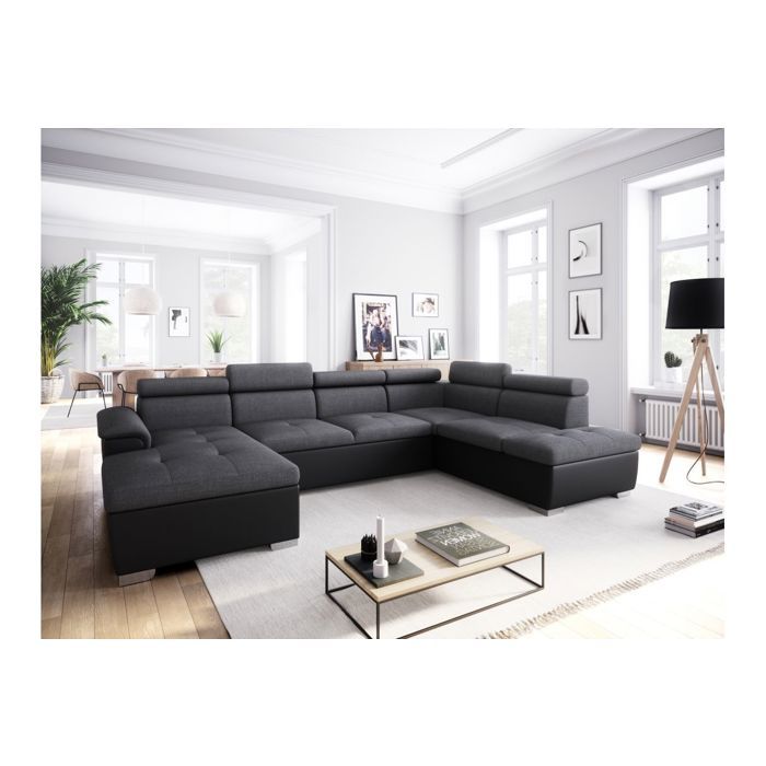 Canapé dangle Panoramique 6 places PAOLA convertible en Simili et Tissu Avec Coffres - Gris/Noir - L322 x P196 x H76cm - LOUNGITUDE