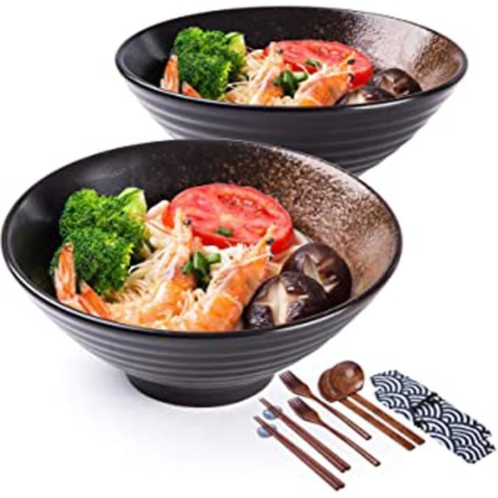 Porcelaine Bols à Soupe de 2 × 780ml avec Cuillère et Baguettes Udon Bol Japonais pour Soupe Convient Micro-onde et Lave-vaisselle Céréales Salade Bols Ramen Set de 8 Pièces 