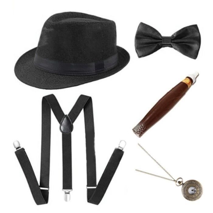 cravate et cigare Gangster Pimp Avec chapeau noir bretelles Costume de fête pour hommes à thème années 20 