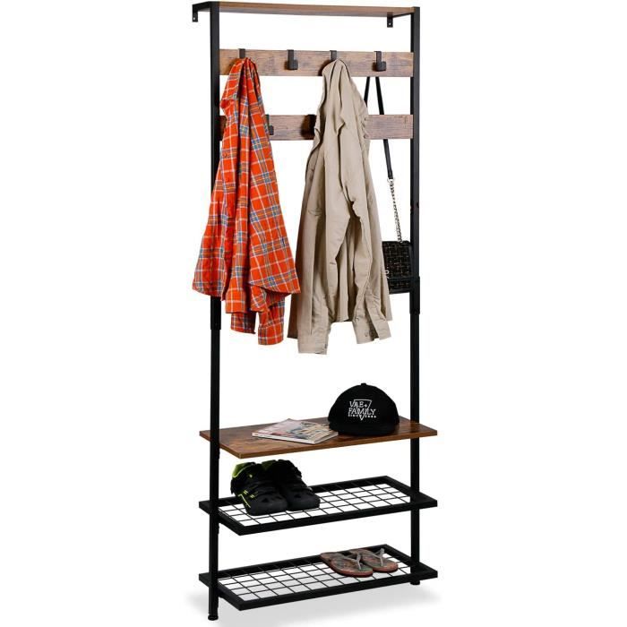 Portemanteau Vestiaire Avec Banc Et Étagère Chaussures 3 Niveaux - 10 Crochets Métal Noir 100x30x170cm