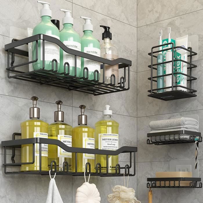 Étagère De Douche Sans Perçage – 4 Pièces Noires, Adhésif Fort, Acier Au Carbone, Rangement Salle De Bain Pratique