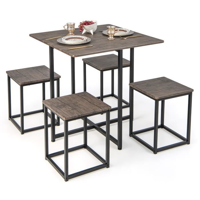 costway ensemble table de salle à manger avec 4 tabourets, cadre en métal industrielle, patins réglables gris