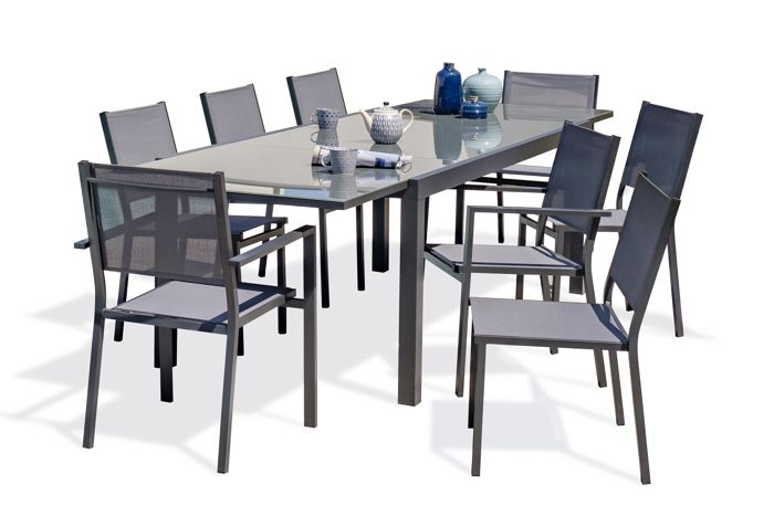 Table de jardin TOLEDE-TB300-NOIR avec rallonge, de 6 chaises TOLEDE-CH et 2 fauteuils TOLEDE-FT empilables