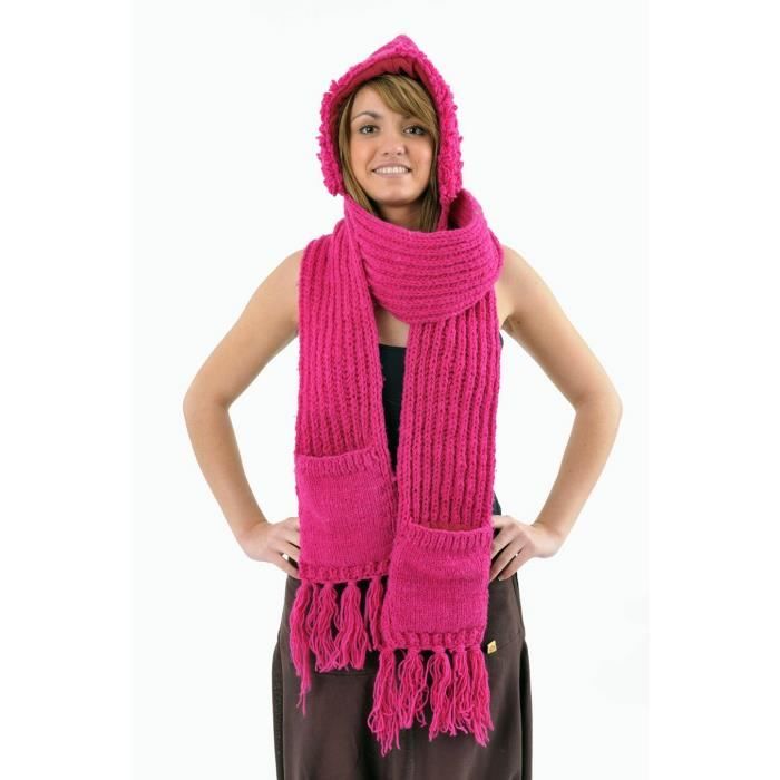 Fantazia Accessoires ethniques Capuche Echarpe moufle pure laine douce Le 3 en 1 Rose Cdiscount Pret a Porter