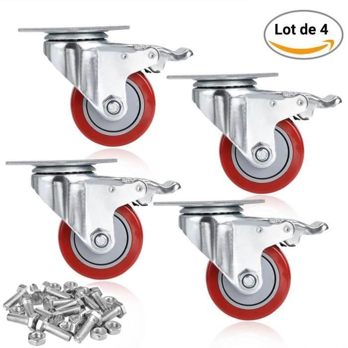 Lot De 4 Roulettes De Meuble De 40 Mm Avec Frein, Filetage M8 X 25 Mm, Roulettes Pivotantes Pour