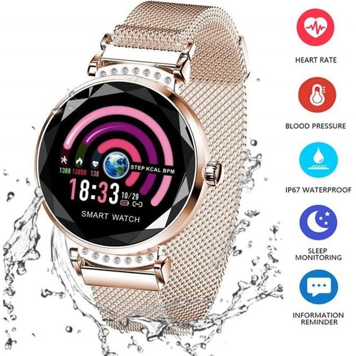 Montre Connectée Femmes LAMZIEN®H2 Bracelet Connecté Podomètre Cardio de  Sommeil Fréquence Cardiaque IP67 pour Android IOS, Or - Cdiscount Téléphonie