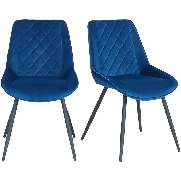 chaise de salle a manger - limics24 - lot de 2 - revêtement en velours bleu - pieds en métal laqué noir