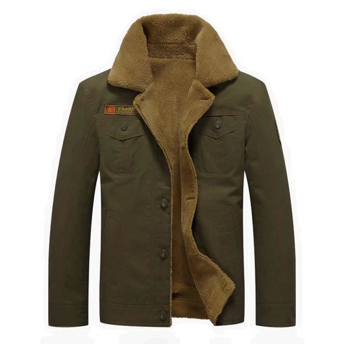 Blouson Homme Hiver en Coton Doublee Fausse Fourrure Casual Veste Courte Chaude Vert militaire Cdiscount Pret a Porter