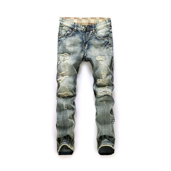 Jeans Homme Retro Trou Droit Mendiant Use LEOCLOTHO Modele de Base Gris Taille Standard Homme Gris Cdiscount Pret a Porter
