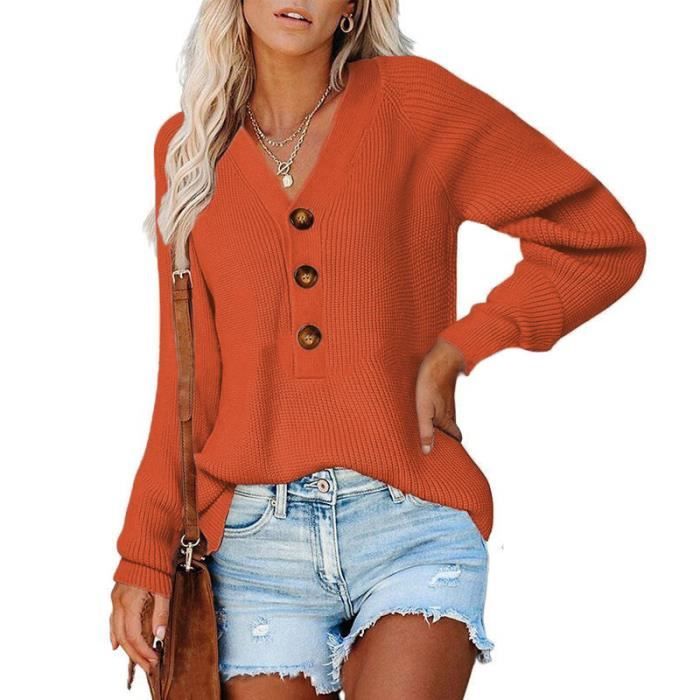Pull Femme Automne Boutons Col en V Couleur Unie Manches Longues