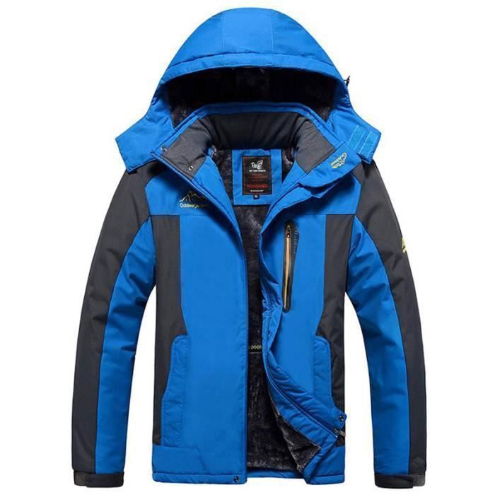 Blouson Hiver Exterieur Homme à Capuche Doublé Polaire Imperméable Pour Alpinisme Camping Randonnée - Bleu