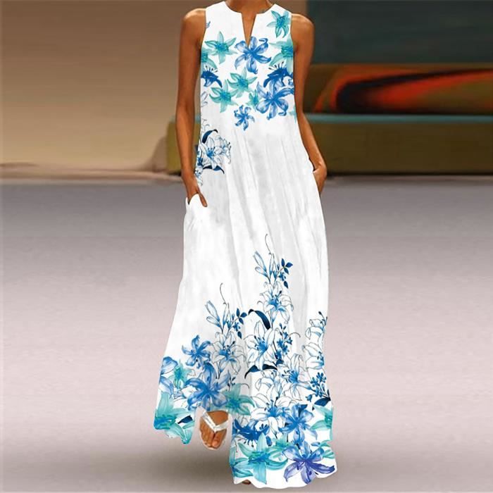 Robe Longue D?�contract?�e Imprim?�e - Marque - Mod?�le - Floral Ray?� Bleu Clair - Sans Manches Bleu 