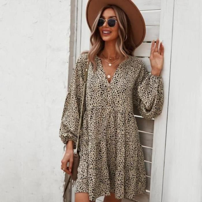MOLERANI Robe Femme Manches Longues Col V A-Line Taille Haute - Chic & Élégante