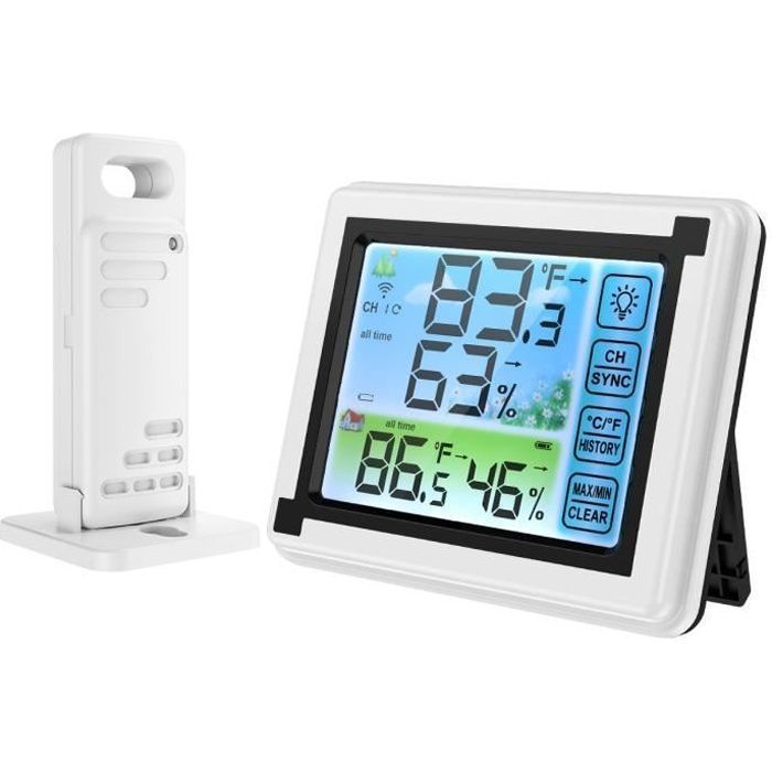 rétro-éclairage de la température,Black Stations Météo Sans Fil réveil mural avec station météo pour la météo avec capteur extérieur écran numérique LCD coloré rétro-éclairage de la température,Black Stations Météo Sans Fil réveil mural avec station météo pour la météo avec capteur extérieur écran numérique LCD coloré