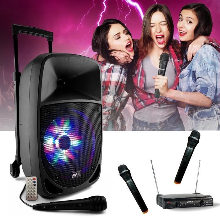Pack Karaoké PARTY-8LED Enceinte Bluetooth Nomade 500W USB SD FM MP3 - 2 Micros Sans Fils UHF Soirée Fête Musique Cadeau Discours