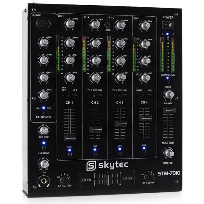 Skytec STM-7010 - Table de Mixage DJ 4 canaux, USB, Jack 3,5, interrupteur Talkover, crossfader remplaçable, sortie Booth réglable