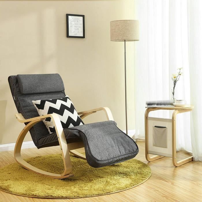 Fauteuil à Bascule SONGMICS En Bois - Repose-Pieds Réglable, Imitation Lin, 150kg