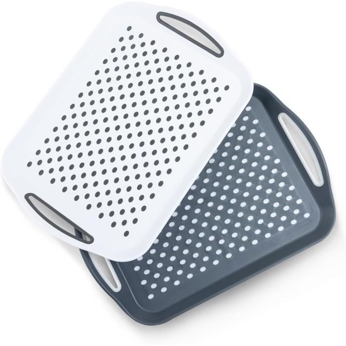 Lot De 2 Plateaux De Service Antidérapants - 40x29x5 Cm - Plastique Et Caoutchouc - Blanc Et Gris - Poignées