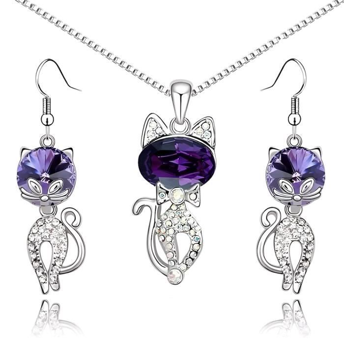 Parure Bijoux Chat Cristal Swarovski Elements Violet Plaqué Or Blanc 750