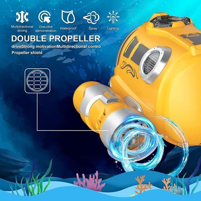 AMFUN Bateau RC Double Hélice – Lumière LED Et Pulvérisation D'Eau – Télécommande 2,4 GHz – Étanche – Batterie Rechargeable – Cadeau Enfants 8+